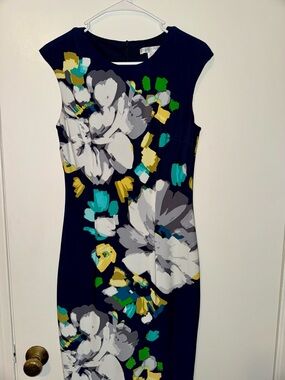 London Times Navy Midi Dress with Floral Print Size 4